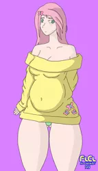 Size: 3695x6456 | Tagged: artist:flclalchemist145, belly, belly button, big belly, breasts, busty fluttershy, chubby, cleavage, clothes, derpibooru import, female, fluttershy, human, humanized, off shoulder, off shoulder sweater, panties, plump, solo, solo female, suggestive, sweater, sweatershy, underwear, weight gain
