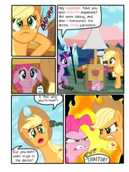 Size: 1745x2321 | Tagged: apple cart, applejack, artist:nayolfa, clean up on smile five, comic, derpibooru import, duckface, hiding, pinkie pie, safe, twilight sparkle