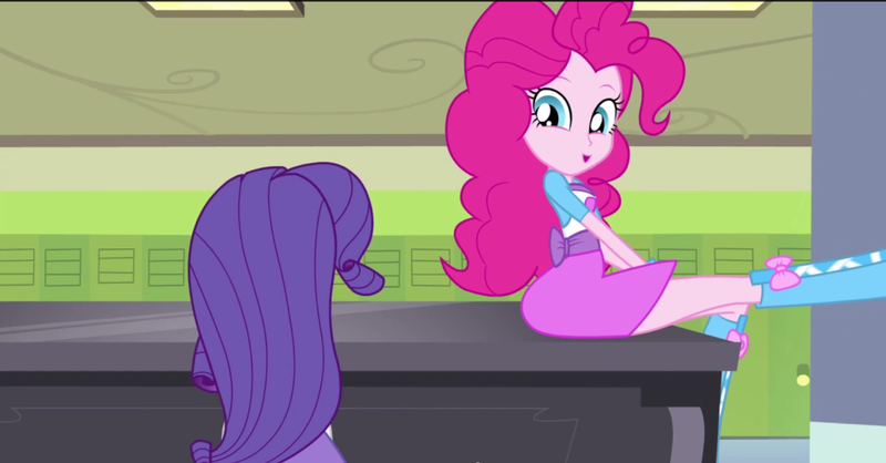 Size: 1600x835 | Tagged: safe, derpibooru import, screencap, pinkie pie, rarity, equestria girls, player piano, rainbow rocks, boots, clothes, cute, high heel boots, lockers, piano, pinkie on a piano, raised leg, skirt