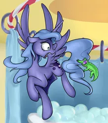 Size: 2052x2340 | Tagged: safe, artist:nadnerbd, derpibooru import, gummy, princess luna, alicorn, alligator, pony, fanfic:when she felt her wings unfold, bathtub, biting, fanfic art, female, looking back, mare, open mouth, pet, s1 luna, shower curtain, surprised, tail bite, wings