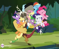 Size: 547x450 | Tagged: safe, derpibooru import, screencap, applejack, discord, fluttershy, pinkie pie, rainbow dash, rarity, spike, twilight sparkle, twilight sparkle (alicorn), alicorn, draconequus, dragon, earth pony, pegasus, pony, unicorn, twilight's kingdom, baby, baby dragon, cropped, cute, discute, do not want, eyes closed, female, floppy ears, frown, grin, gritted teeth, hape, hub logo, hug, male, mane six, mare, one eye closed, raised eyebrow, smiling, the hub, wide eyes, wink