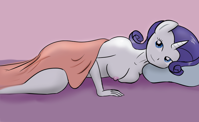 Size: 1000x612 | Tagged: 30 minute art challenge, ambiguous facial structure, anthro, artist:empyu, blanket, boob squish, breasts, derpibooru import, female, nipples, nudity, questionable, rarity, solo, solo female