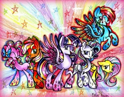 Size: 2185x1702 | Tagged: safe, artist:frostykat13, derpibooru import, applejack, fluttershy, pinkie pie, rainbow dash, rarity, twilight sparkle, twilight sparkle (alicorn), alicorn, pony, eyes closed, female, floppy ears, frown, grin, mane six, mare, open mouth, rainbow power, raised hoof, smiling, smirk, spread wings