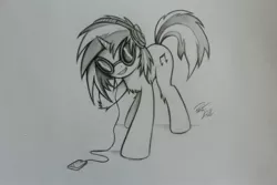 Size: 1024x683 | Tagged: artist:pajaga, derpibooru import, monochrome, pencil drawing, safe, solo, vinyl scratch