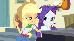 Size: 640x360 | Tagged: safe, derpibooru import, screencap, applejack, rarity, equestria girls, player piano, rainbow rocks, air quotes, animated, implying, out of context