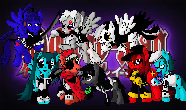 Size: 640x379 | Tagged: safe, artist:ladynanaki, derpibooru import, ponified, allen walker, arystar krory iii, cross marian, d.gray-man, komui lee, lavi, lenalee lee, miranda lotto, palindrome get, yu kanda