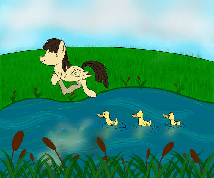 Size: 6000x5000 | Tagged: absurd resolution, artist:eillahwolf, baby duck syndrome, derpibooru import, duck, duckling, eyes closed, fluffy, happy, safe, sibsy, smiling, solo, trotting, wild fire