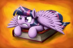 Size: 3919x2622 | Tagged: safe, artist:otakuap, derpibooru import, twilight sparkle, twilight sparkle (alicorn), alicorn, pony, adorkable, angry, book, cute, defensive, dork, female, glare, gritted teeth, mare, possessive, prone, protecting, solo, spread wings, that pony sure does love books, twilight is not amused, unamused