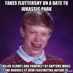 Size: 400x400 | Tagged: bad luck brian, barely pony related, derpibooru import, exploitable meme, fluttershy, human, image macro, irl, irl human, jurassic park, meme, nature is so fascinating, obligatory pony, photo, semi-grimdark, velociraptor