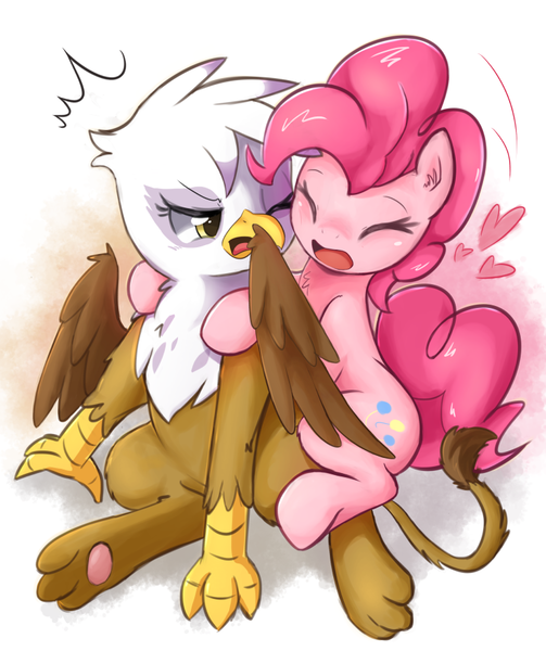 Size: 755x900 | Tagged: safe, artist:aymint, derpibooru import, gilda, pinkie pie, gryphon, female, gildapie, heart, hug from behind, lesbian, pixiv, shipping