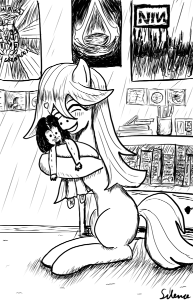 Size: 886x1378 | Tagged: safe, artist:silence, derpibooru import, oc, oc:mel, unofficial characters only, earth pony, pony, hug, monochrome, plushie, silence, solo, tulpa