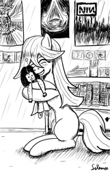 Size: 886x1378 | Tagged: safe, artist:silence, derpibooru import, oc, oc:mel, unofficial characters only, earth pony, pony, hug, monochrome, plushie, silence, solo, tulpa