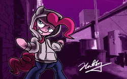 Size: 2560x1600 | Tagged: alley, alleyway, artist:hotdog, clothes, derpibooru import, hoodie, jeans, pinkie pie, safe, sneakers, solo, street