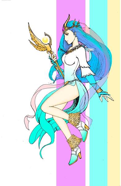 Size: 1667x2550 | Tagged: artist:danecelestia, boots, breasts, clothes, crossover, derpibooru import, dress, female, high heels, human, humanized, princess celestia, rwby, side slit, solo, solo female, staff, suggestive, veil, weapon