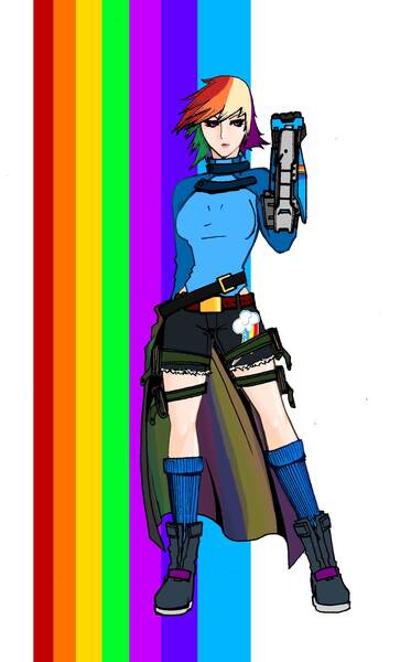 Size: 1448x2394 | Tagged: artist:danecelestia, belt, clothes, crossover, derpibooru import, gauntlet, gun, human, humanized, looking at you, rainbow dash, rwby, safe, shorts, smiling, solo, weapon