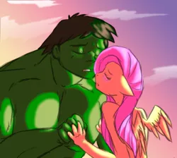 Size: 600x537 | Tagged: anthro, artist:geckofly, crossover, crossover shipping, derpibooru import, female, flutterhulk, fluttershy, male, safe, shipping, straight, the incredible hulk, wat