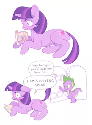 Size: 626x850 | Tagged: safe, artist:cherucat, derpibooru import, spike, twilight sparkle, blushing, caught, comic, door, female, lesbian, partial color, prone, raised tail, reading, sweat