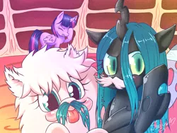 Size: 1600x1200 | Tagged: safe, artist:nyako-shoyu, derpibooru import, queen chrysalis, twilight sparkle, twilight sparkle (alicorn), oc, oc:fluffle puff, alicorn, changeling, changeling queen, nymph, pony, cute, cutealis, female, flufflebetes, library, looking at you, mare, moustache, tongue out, trio, trio female, warfstache