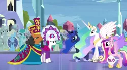 Size: 848x468 | Tagged: safe, derpibooru import, screencap, duchess of maretonia, duke of maretonia, neighbuchadnezzar, princess cadance, princess celestia, princess luna, alicorn, crystal pony, earth pony, pony, unicorn, twilight's kingdom, female, hat, hub logo, ice mirror, male, mare, needs more jpeg, stallion