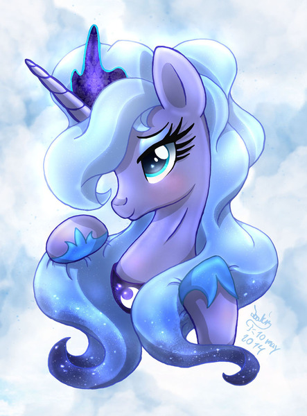 Size: 900x1220 | Tagged: safe, artist:joakaha, derpibooru import, princess luna, alicorn, pony, abstract background, bust, crown, female, hoof shoes, jewelry, mare, portrait, regalia, s1 luna, signature, solo