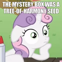 Size: 500x500 | Tagged: cropped, derpibooru import, edit, edited screencap, exploitable meme, floppy ears, hoof on chin, image macro, meme, mystery box of plot importance, ponyville confidential, princess twilight sparkle (episode), safe, screencap, solo, sudden clarity sweetie belle, sweetie belle, twilight's kingdom