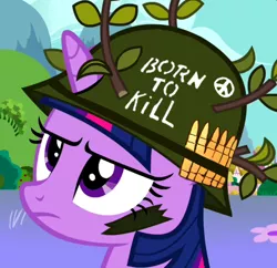 Size: 418x405 | Tagged: avatar, born to x, derpibooru import, dragon quest, edit, edited screencap, full metal jacket, helmet, safe, screencap, soldier, solo, twilight sparkle