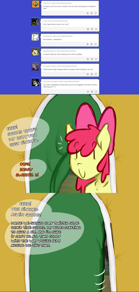 Size: 1280x2682 | Tagged: anthro, apple bloom, artist:somescrub, ask nudist sweetie belle, comic, cutie mark crusaders, derpibooru import, scootaloo, suggestive, sweetie belle, twister