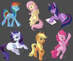 Size: 3000x2500 | Tagged: safe, artist:hecatehell, derpibooru import, applejack, fluttershy, pinkie pie, rainbow dash, rarity, twilight sparkle, earth pony, pegasus, pony, unicorn, book, cowboy hat, cute, eyes closed, female, gray background, hat, jumping, lidded eyes, looking at you, mane six, mare, open mouth, plot, raised hoof, signature, simple background, smiling, stetson, tongue out