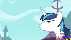 Size: 576x324 | Tagged: safe, derpibooru import, screencap, discord, lord tirek, shining armor, centaur, draconequus, pony, unicorn, twilight's kingdom, all new, animated, armor, defeated, drained, empty eyes, face down ass up, floppy ears, glare, grabbing, grin, hub logo, hubble, magic, magic theft, male, nose piercing, nose ring, open mouth, piercing, shaking, sin of greed, smiling, smug, stallion, text, that centaur sure does love magic, the hub, wide eyes