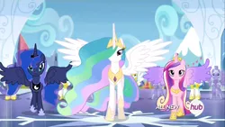 Size: 1280x720 | Tagged: safe, derpibooru import, screencap, princess cadance, princess celestia, princess luna, twilight sparkle, twilight sparkle (alicorn), alicorn, pegasus, pony, twilight's kingdom, alicorn triarchy, armor, beautiful, chestplate, colored wings, crown, crystal empire, crystal guard, ethereal mane, ethereal tail, female, flowing mane, flowing tail, hoof shoes, hub logo, jewelry, lidded eyes, looking at you, male, mare, multicolored mane, multicolored tail, multicolored wings, peytral, regalia, royal guard, smiling, spread wings, stallion, tiara, trio focus, walking