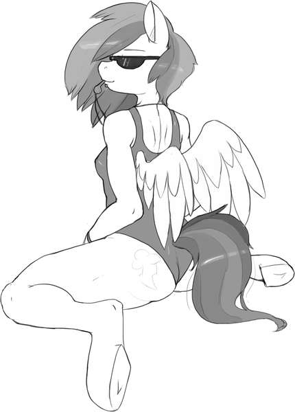 Size: 1315x1836 | Tagged: anthro, artist:miketheuser, ass, breasts, clothes, derpibooru import, female, grayscale, monochrome, one-piece swimsuit, rainbow dash, simple background, solo, solo female, suggestive, sukumizu, sunglasses, swimsuit, underhoof, unguligrade anthro, wedgie, whistle, white background