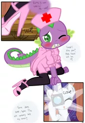 Size: 1741x2500 | Tagged: suggestive, artist:pyruvate, derpibooru import, rarity, spike, comic:dragon queen, blushing, camera, clothes, comic, crossdressing, dialogue, embarrassed, foalcon, happy, high heels, image, jpeg, nurse, nurse outfit, nurse spike, sissy, stockings, tripping