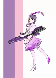 Size: 1691x2353 | Tagged: artist:danecelestia, clothes, crossover, derpibooru import, dress, feather, frilly dress, high heels, human, humanized, looking at you, rocket launcher, rwby, safe, solo, sweetie belle, weapon