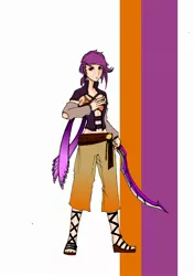 Size: 1664x2358 | Tagged: artist:danecelestia, belly button, belt, clothes, crossover, derpibooru import, female, human, humanized, looking at you, midriff, rwby, sandals, scootaloo, solo, solo female, suggestive, sword