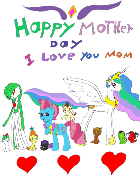 Size: 2522x3189 | Tagged: artist:pokeneo1234, crossover, cup cake, derpibooru import, foal, gardevoir, heart, mother's day, oc, oc:ben mare, oc:nyx, pound cake, princess celestia, pumpkin cake, ralts, safe