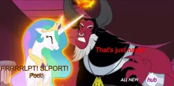 Size: 1280x634 | Tagged: safe, derpibooru import, edit, edited screencap, screencap, lord tirek, princess celestia, alicorn, pony, twilight's kingdom, caption, fart, fart noise, female, hub logo, hubble, implied pooping, mare, onomatopoeia, scorpan's necklace, sound effects, text, the hub