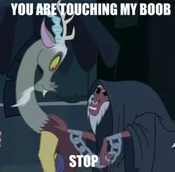 Size: 783x769 | Tagged: bad touch, caption, chains, cloak, clothes, cropped, derpibooru import, dialogue, discord, draconequus, duo, duo male, edit, edited screencap, image macro, lord tirek, male, males only, manacles, meme, molestation, nose piercing, nose ring, personal space invasion, piercing, screencap, suggestive, twilight's kingdom