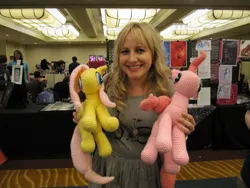 Size: 1024x768 | Tagged: andrea libman, artist:nerdyknitterdesigns, derpibooru import, everfree northwest, fluttershy, human, irl, irl human, knit, photo, pinkie pie, safe, voice actor