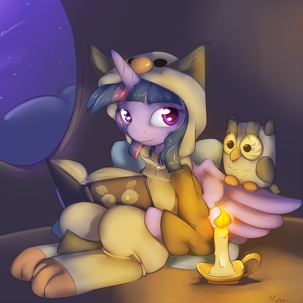 Size: 1200x1200 | Tagged: safe, artist:alasou, deleted from derpibooru, derpibooru import, owlowiscious, twilight sparkle, twilight sparkle (alicorn), alicorn, owl, pony, animal costume, book, candle, clothes, costume, cute, female, mare, twiabetes