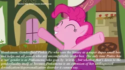 Size: 1280x720 | Tagged: safe, derpibooru import, pinkie pie, earth pony, pony, diverse-mlp-headcanons, genderfluid, headcanon, pinkamena diane pie, solo, text, transgender, wat