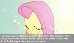 Size: 900x529 | Tagged: safe, derpibooru import, fluttershy, pegasus, pony, diverse-mlp-headcanons, fetish, fluttersquaw, headcanon, lens flare, native american, racism, request, requested art, solo, stereotype, text