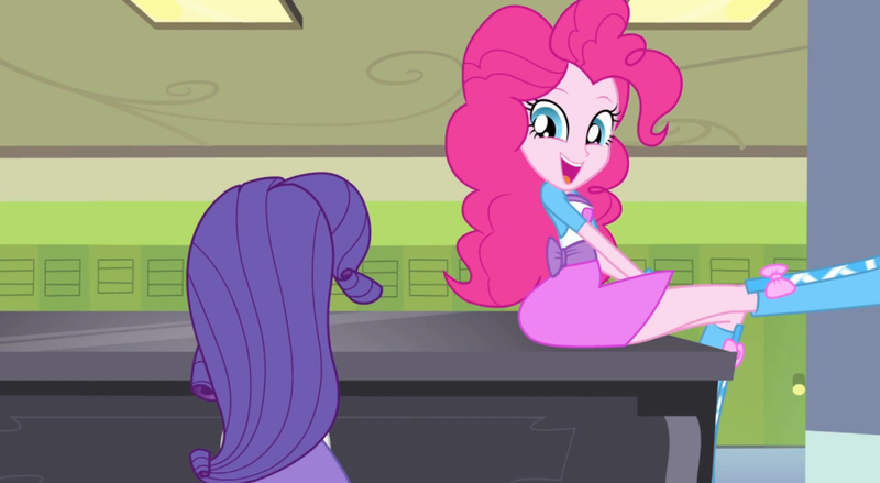 Size: 1278x702 | Tagged: safe, derpibooru import, screencap, pinkie pie, rarity, equestria girls, player piano, rainbow rocks, boots, clothes, cute, lockers, open mouth, piano, pinkie on a piano, raised leg, skirt, this tag is unnecessary