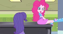 Size: 1278x702 | Tagged: safe, derpibooru import, screencap, pinkie pie, rarity, equestria girls, player piano, rainbow rocks, boots, clothes, cute, lockers, open mouth, piano, pinkie on a piano, raised leg, skirt, this tag is unnecessary