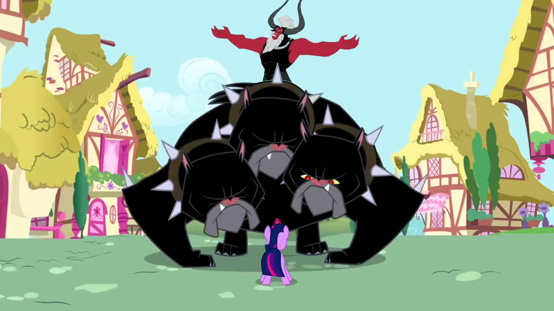 Size: 1920x1080 | Tagged: cerberus, cerberus (character), derpibooru import, edit, edited screencap, exploitable meme, it's about time, lord tirek, lord tirek's outstretched arms, meme, multiple heads, riding, safe, screencap, three heads, twilight's kingdom, twilight sparkle