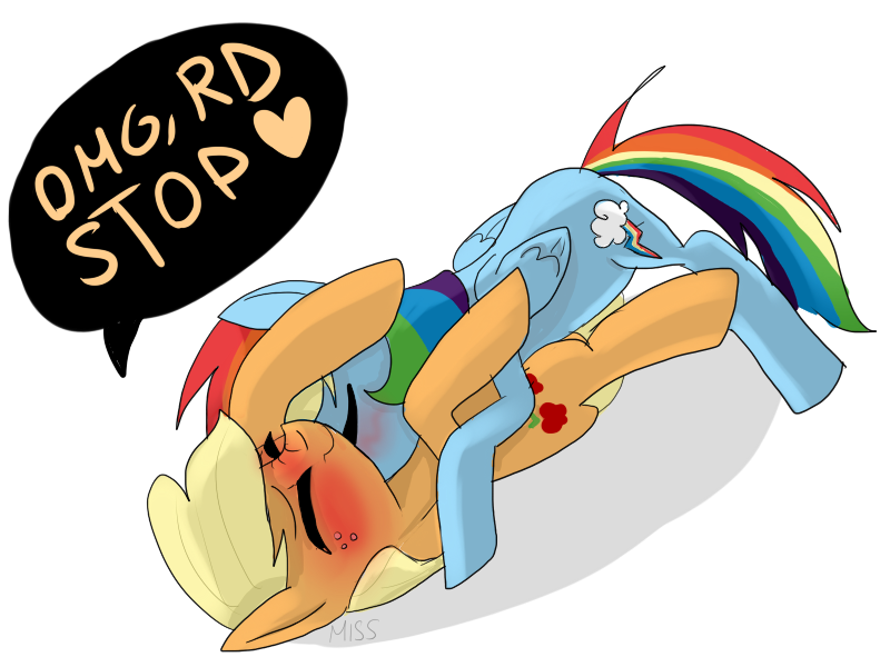 Size: 800x600 | Tagged: suggestive, artist:misspolycysticovary, derpibooru import, applejack, rainbow dash, appledash, blushing, cuddling, eyes closed, female, heart, lesbian, neck snuzzle, on back, on top, shipping, snuggling