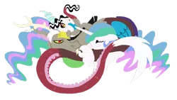 Size: 1024x578 | Tagged: safe, artist:kiananuva12, derpibooru import, discord, princess celestia, oc, oc:chaos, hybrid, dislestia, female, interspecies offspring, male, offspring, parent:discord, parent:princess celestia, parents:dislestia, shipping, simple background, straight, transparent background