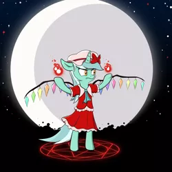 Size: 4000x4000 | Tagged: safe, artist:a-leksey, derpibooru import, lyra heartstrings, pony, unicorn, absurd resolution, bipedal, clothes, cosplay, dress, fangs, flandre scarlet, moon, pentagram, solo, touhou, wings