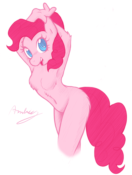 Size: 929x1224 | Tagged: anthro, armpits, artist:ambris, artist:thenationmaker, breasts, chest fluff, derpibooru import, featureless breasts, female, pinkie pie, solo, solo female, suggestive