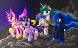 Size: 2560x1600 | Tagged: safe, artist:mysticalpha, derpibooru import, princess cadance, princess celestia, princess luna, twilight sparkle, twilight sparkle (alicorn), alicorn, pony, alicorn tetrarchy, female, mare, wallpaper