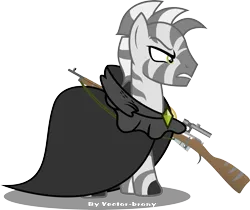 Size: 3833x3227 | Tagged: artist:vector-brony, cloak, clothes, derpibooru import, fallout equestria, fallout equestria: project horizons, fanfic art, fusion, gun, oc, oc:lancer, oc:lancer the zebra (project horizons), rifle, safe, simple background, solo, transparent background, unofficial characters only, vector, weapon, zebra, zebra oc